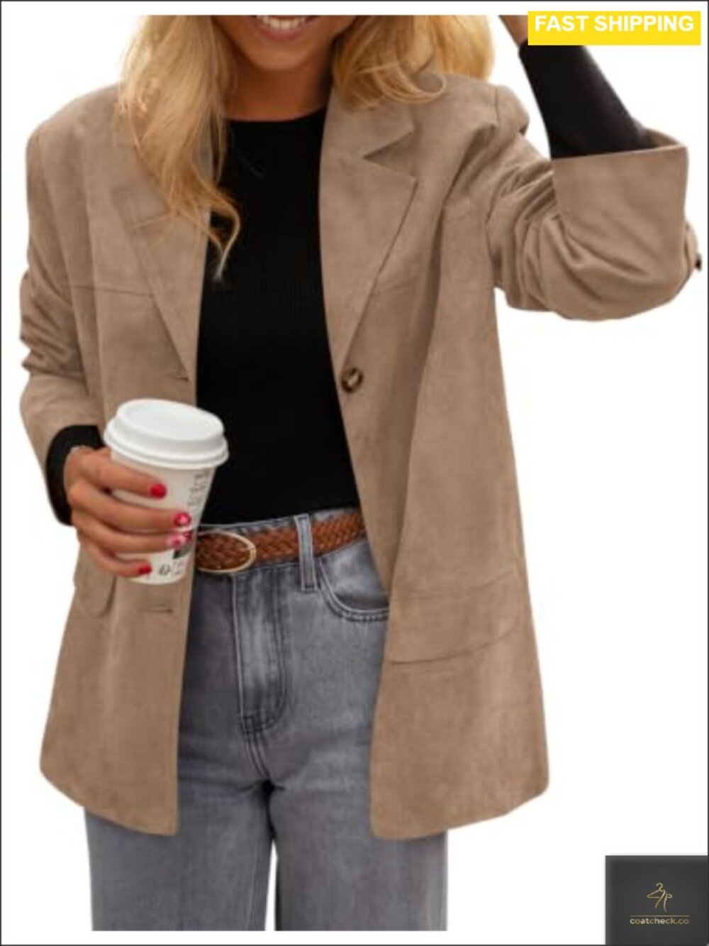 Faux Suede Blazer Button Down Lapel Collar Long Sleeve Business Casual